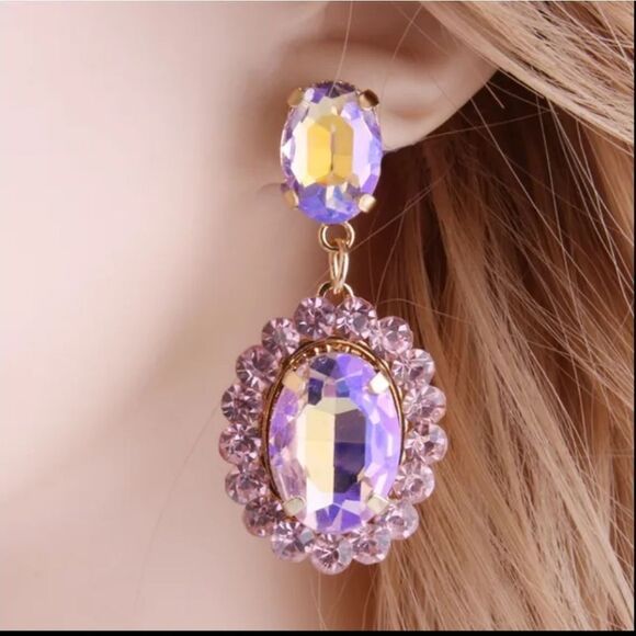 NWOT Large Rhinestone Crystal Pink Earrings - Picture 1 of 1